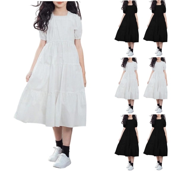 Miluxas Girls Boho Square Neck Puff Sleeve Smocked Tiered Casual A Line Short Mini Dress White 15-16 Years