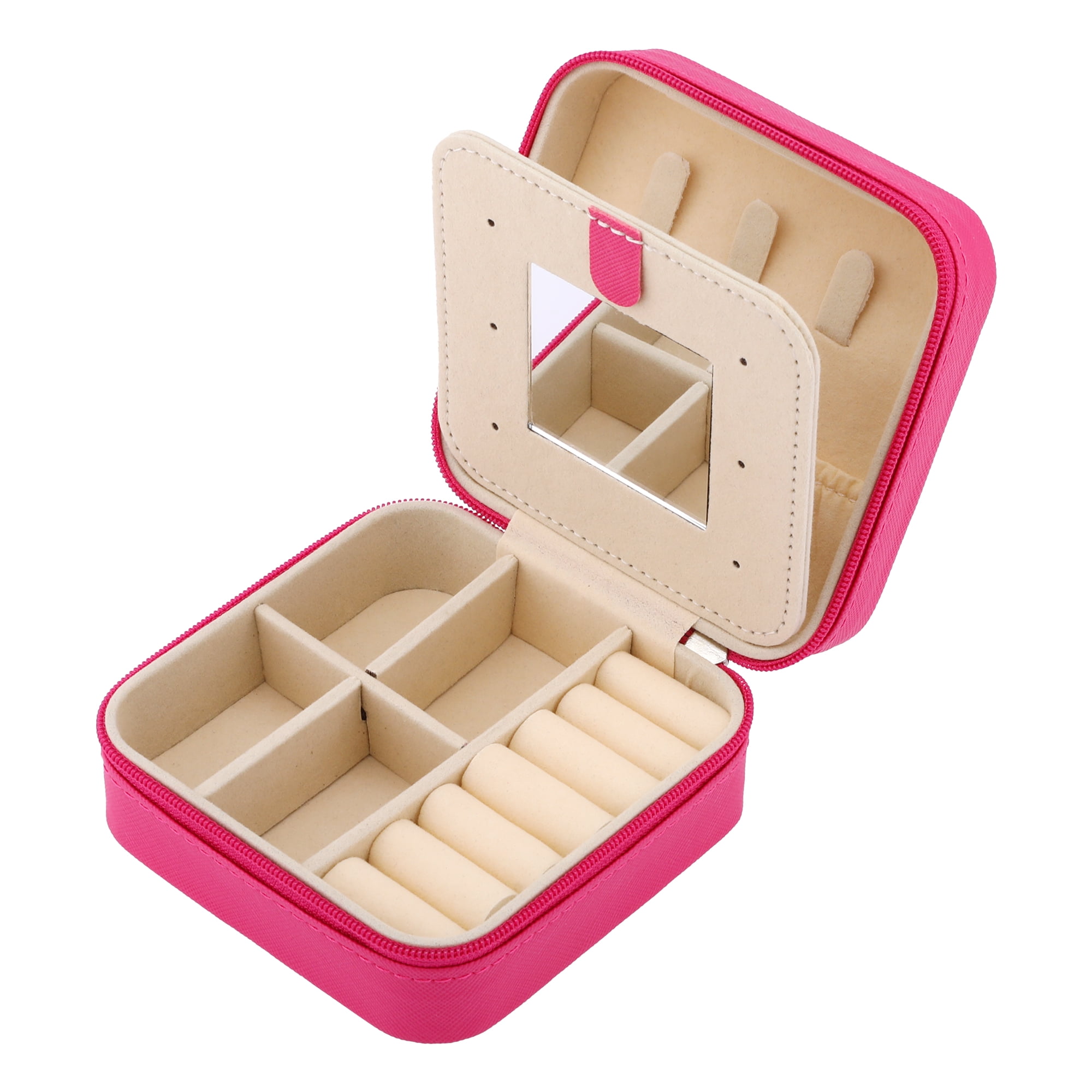 Unique Bargains Mini Travel Jewelry Box with Mirror Rose Red
