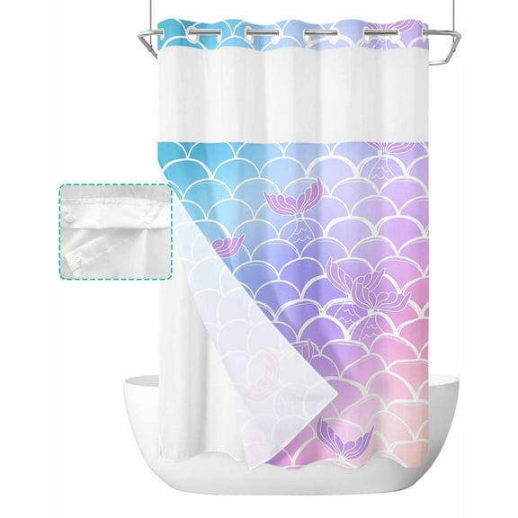 No Hook Shower Curtain with Snap in Liner, Mermaid Tail Rainbow Gradient Overlay Hotel Shower Curtains for Bathroom, Washable Shower Curtain Liner Set with Mesh Top Window, 36"x72"
