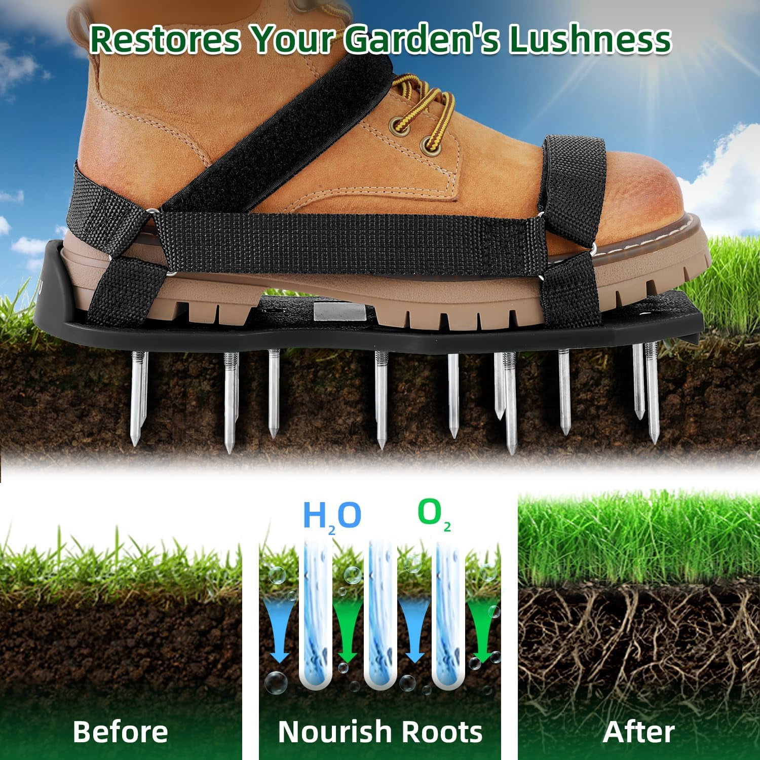 Lawn Aerator Shoes with Stainless Steel Shovel, Free-Installation Aerating Shoe Hook&Loop Straps, Heavy Duty One-Size-Fits-All Spiked Sandals for Garden Grass
