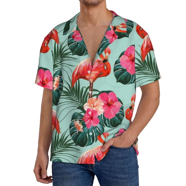 Fotbe Palm Leaves Flamingo Camisa Estampada de Manga Corta para Hombre, Casual de Verano, Estilo Playero, Sin Arrugas-XX-Large