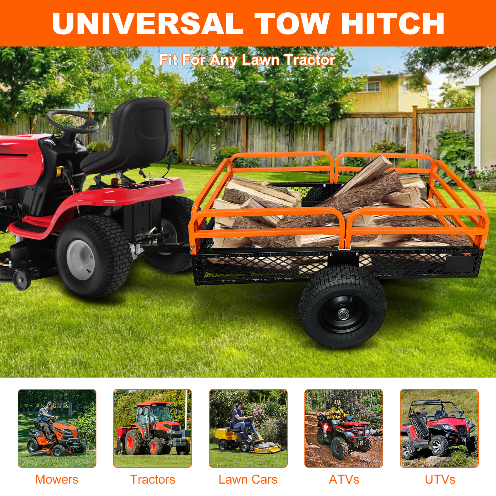 Heavy Duty ATV Trailer, Steel Tow Behind Dump Cart, 750 Lbs Garden Utility Carts with Removable Sides, 15 Cu.Ft. Utility Trailer for Lawn/Garden Mower, Tractor, ATV, UTV