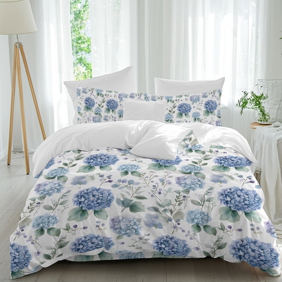 Blue Hydrangea Duvet Cover Set Twin Size, Eucalyptus Leaves Watercolor Plant Farm 4 Piece Soft Microfiber Bedding Set with 1 Duvet Cover, 1 Flat Sheet, 2 Pillowcases