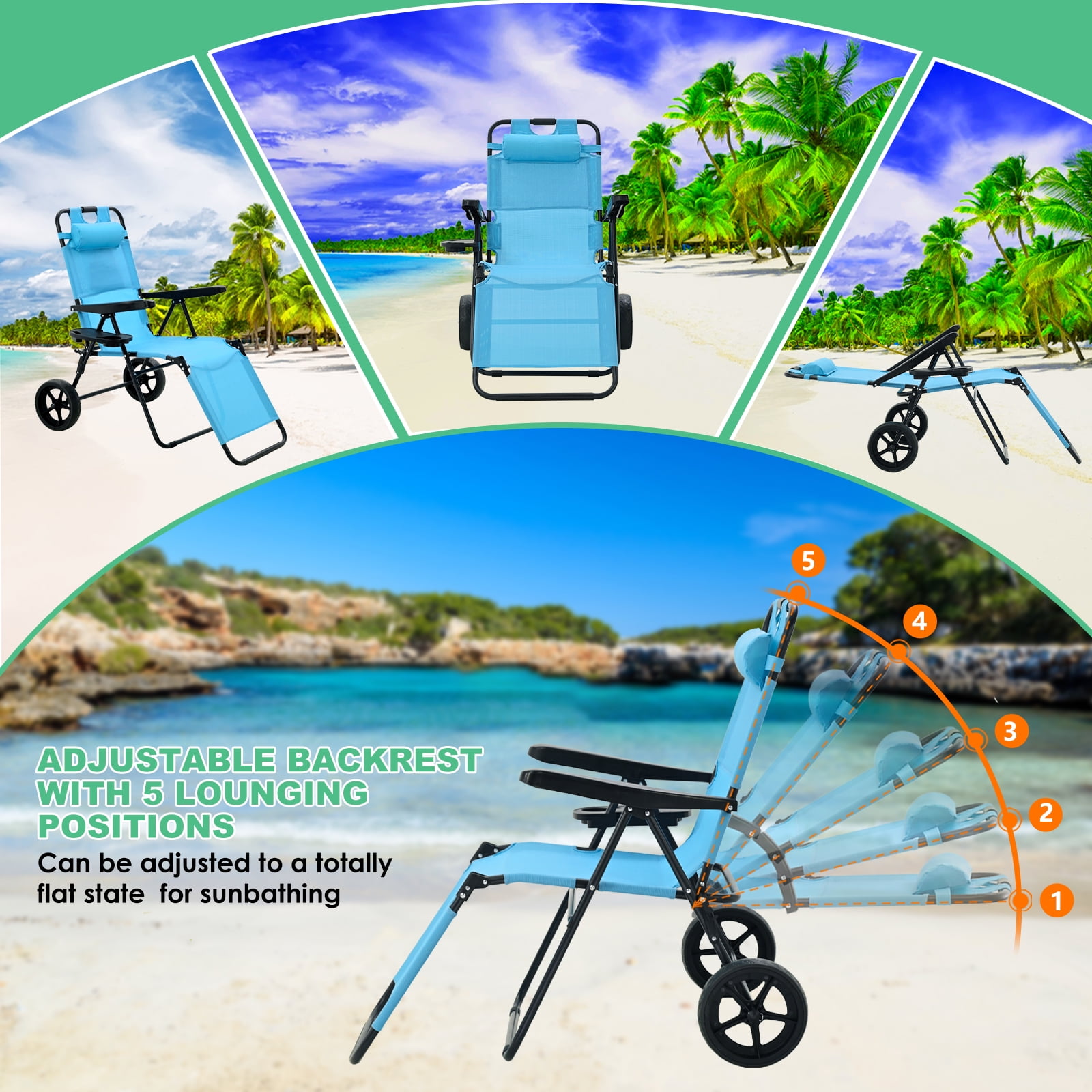 NAIZEA Beach Cart Chairs with Wheels 2 in 1 Heavy Duty Beach Chair with Canopy Shade Foldable Beach Lounge Chair with Integrated Wagon Pull Cart Combination Perfect for Backyard Pool or Picnic