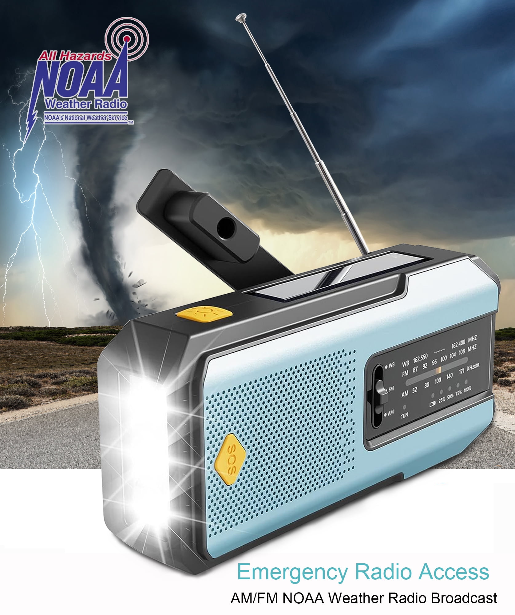 Daykit Portable Emergency Weather Radio, Hand Crank Radio Solar Powered with Battery Backup,AM/FM/NOAA, SOS Alarm,2000mAh Power Bank,LED Flashlight,USB Type-C for Outdoor Emergency