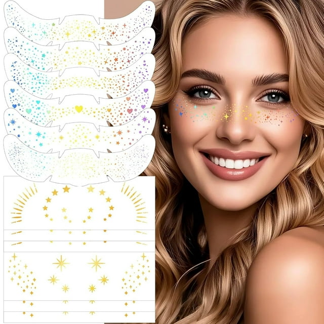 Face Glitter Freckles, Face Glitter Fake Freckles Sticker, Gold Sliver Holographic Multichrome Waterproof Sparkle Freckles Makeup Patches for Women Rave Festival Accessories Party Prom