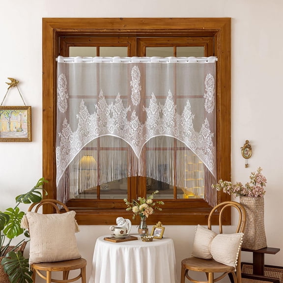 Hyknon Lace Sheer Valance Curtains, Rod Pocket Floral Crochet Pattern Curtains with Tassel Fringe, Bohemian Semi Sheer Window Treatment for Kitchen Living Room Farmhouse Cafe Bathroom 59×47 Inch