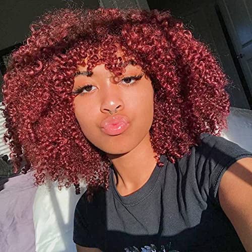 Annivia Curly Wig With Bangs Short Kinky Curly Wigs For Black Women Synthetic Burgundy Walmart Com