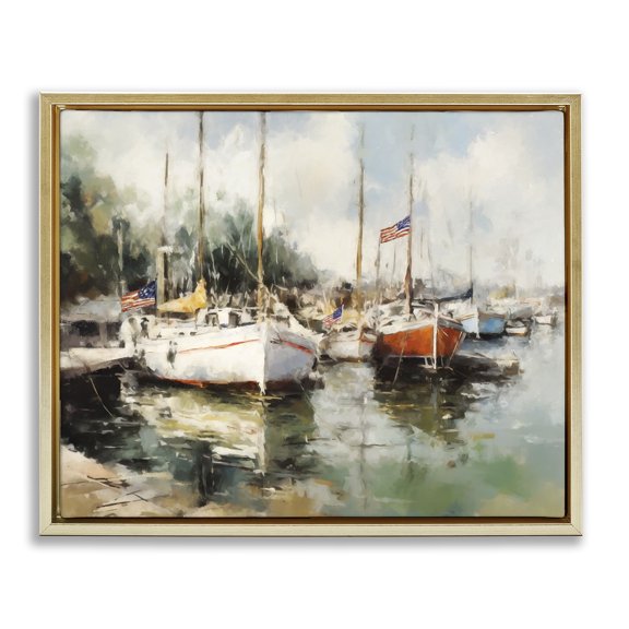 Stupell Industries Coastal Americana Boat Harbor Gold Floating Frame Canvas Art, 21 x 17, by Ziwei Li