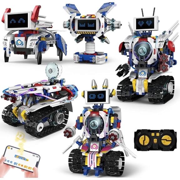 5-in-1 STEM Robot Building Kit for Kids Ages 6-16, Remote & App Controlled, Rechargeable Engineering Learning DIY Coding Toy, Educational Building Blocks Gift for Girls & Boys (603 PCS)
