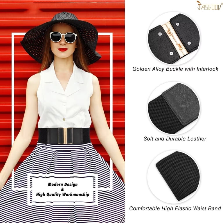 4 Pack Stretch Waist Belts for Women with Interlocking Buckle Leather LEACOOLKEY 4 Pack Women Wide Elastic Waist Belt for Dress  main image 3