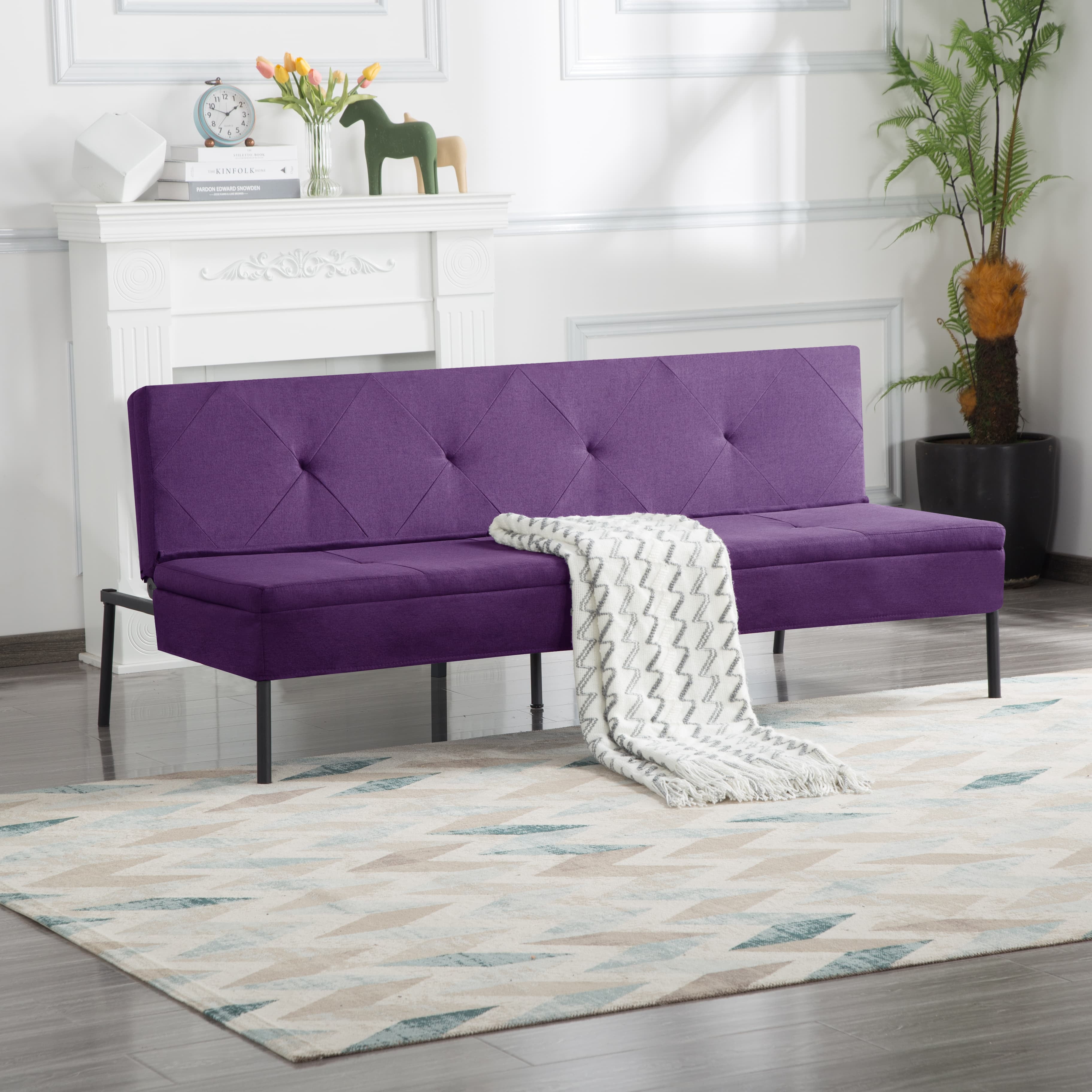BSHTI 63 inch Convertible Sleeper Futon Sofa Bed,Polyester Fabric,All Iron Frame Convertible Futon Sofa Bed,for Living Room,Office,Small Apartment(Purple)