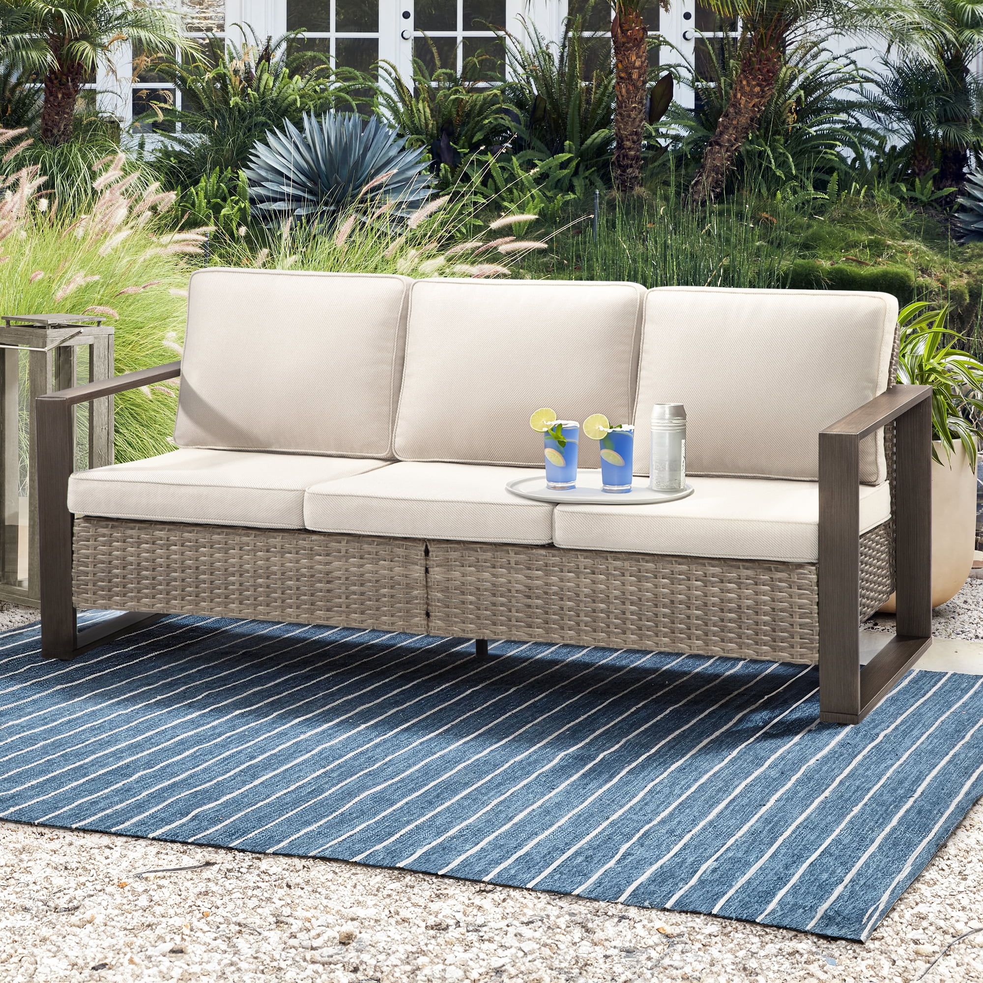 Meetleisure 3-Seat Patio Wicker Sofa with Removable Cushions, Beige