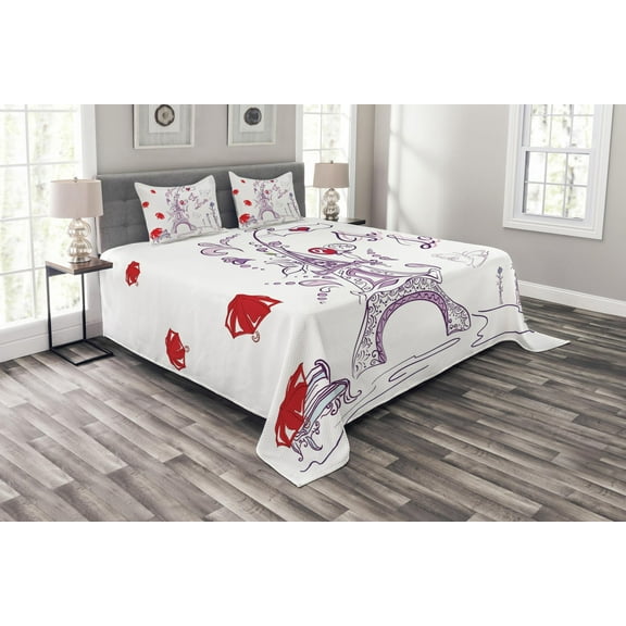 Ambesonne Eiffel Tower Quilted Bedspread Set 3 Pcs, Doodle Romantic Paris, Queen Size, Lilac Red Pale Blue