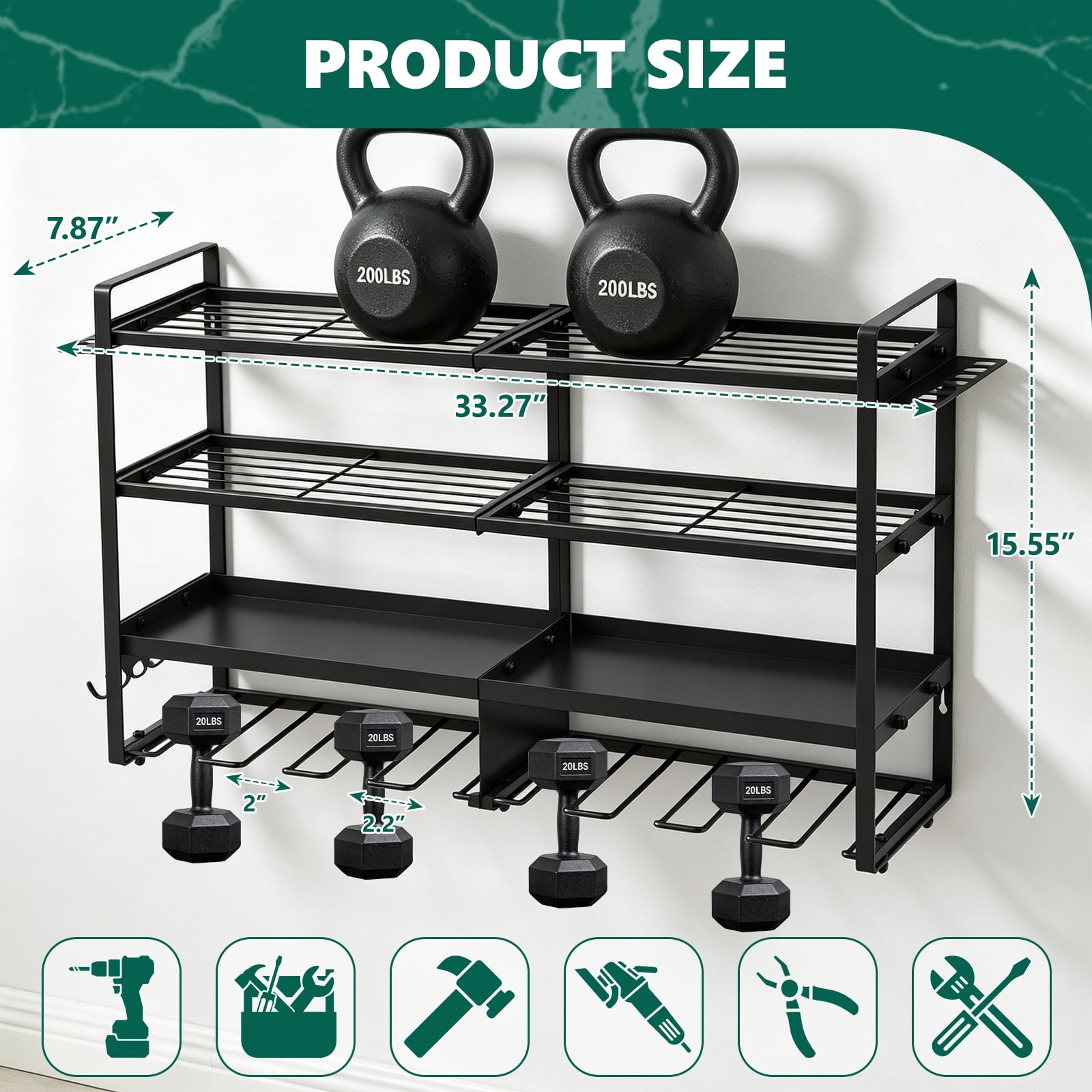 WLLJOY Power Tool Organizer Wall Mount, 4 Layer Heavy Duty Loads 400 lbs, with 8 Drill Holder, Large Tool Storage Rack for Workshop/Utility Room