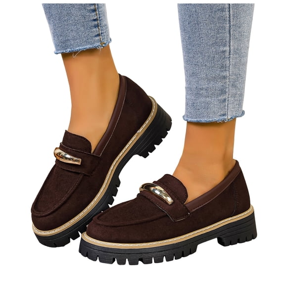 Rokment Womens Vintage Slip on penny Loafers Retro Suede Platform Chunky Lug Sole Oxfords Dress Shoes for Business Work Brown Size 6