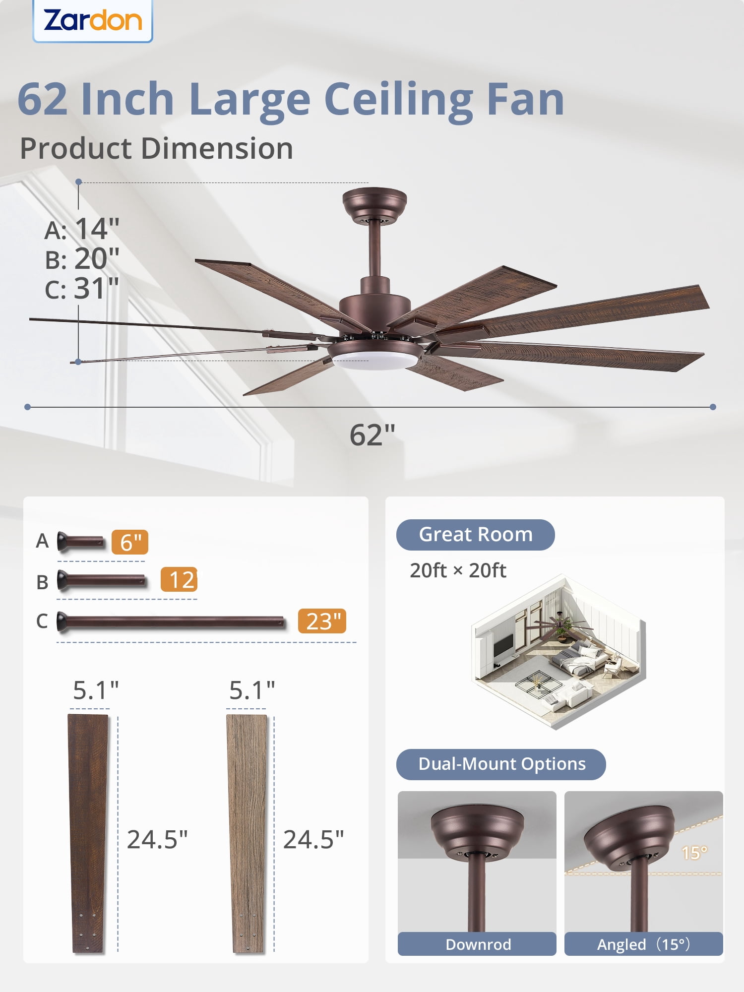 Zardon 62 inch Ceiling Fan with Light and Remote Control - Quiet DC Motor, 6 Speeds, Dual Finish Blades for Indoor Use - Oil Bronze