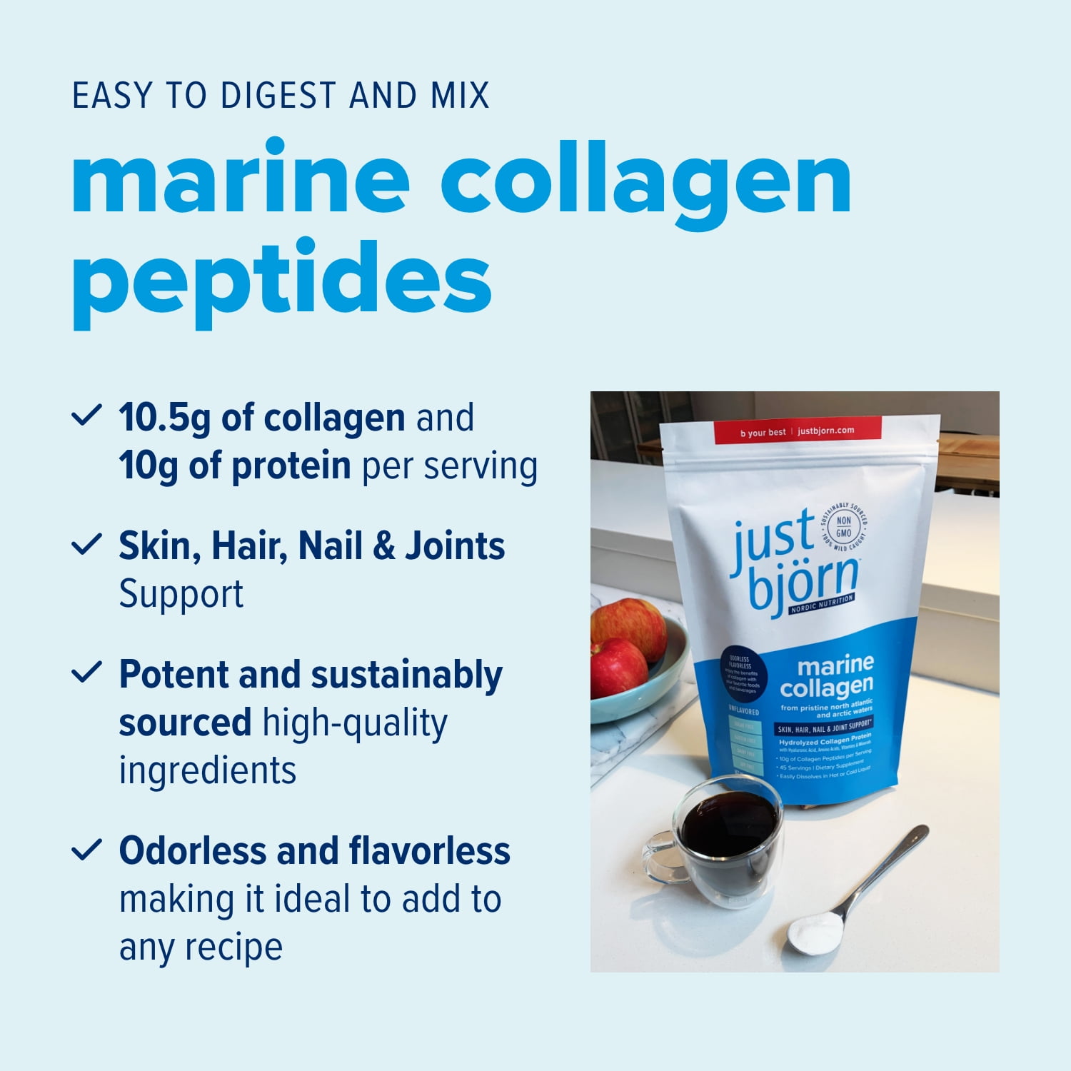 Just Bjorn Marine Collagen Peptides Powder for Women & Men - Skin, Hair, Nail and Joint Support - Hyaluronic Acid, Vitamin C, Amino Acids - Unflavored (45 Servings / 17.3 Ounce)