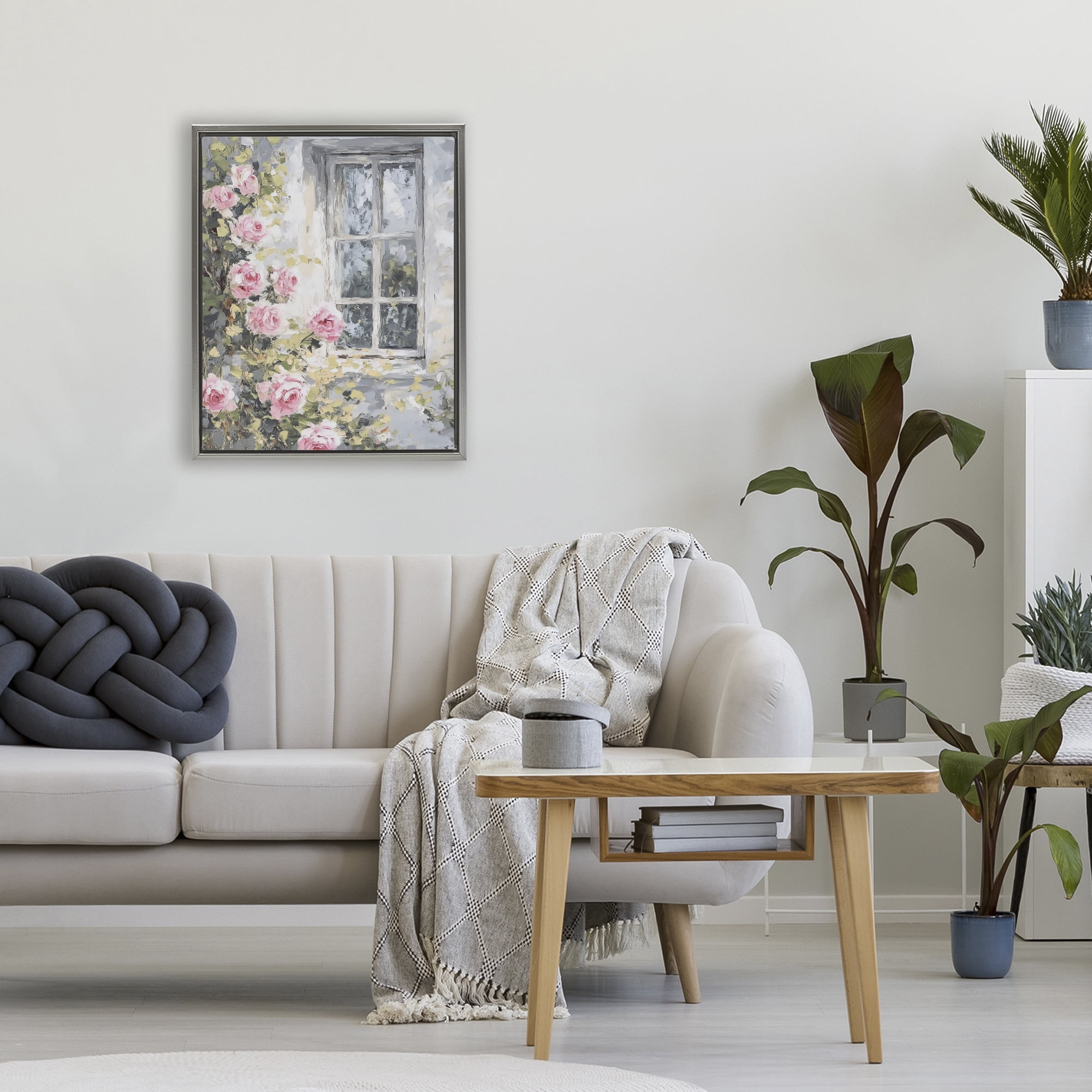 Stupell Industries View Of Roses Cottage Window Gray Framed Floater Canvas Wall Art, design by LSR Design Studio