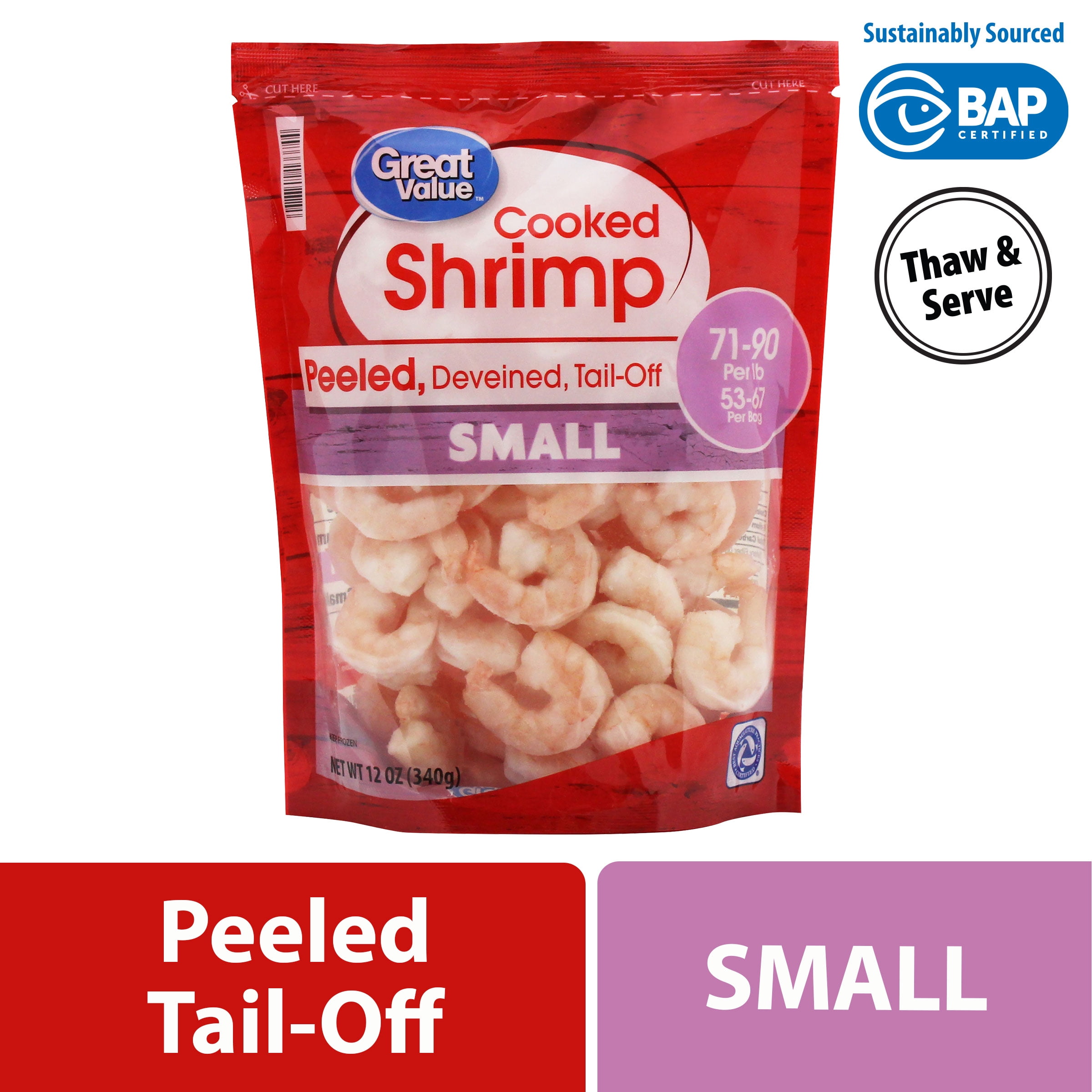 Great Value Frozen Cooked Small Peeled, Deveined, TailOff Shrimp, 12