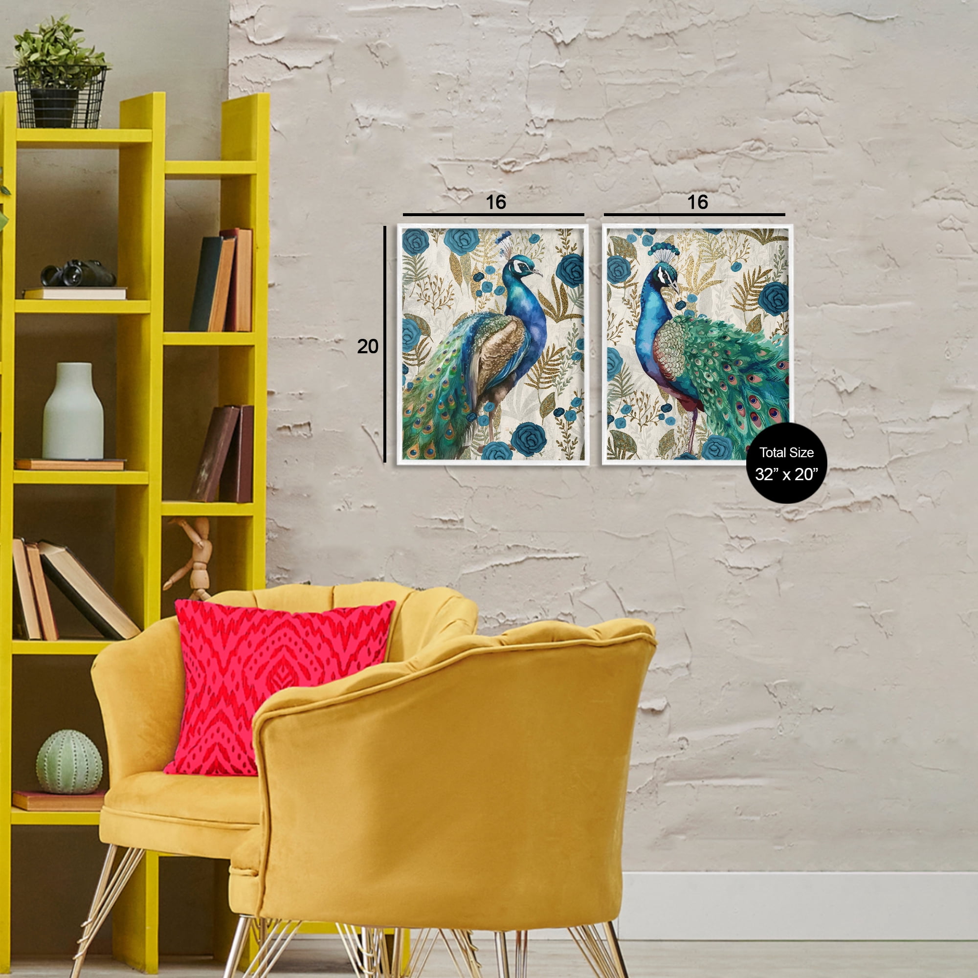 Stupell Industries Floral Peacock Pride 2 Piece White Framed Giclee Art Set, design by Kim Allen
