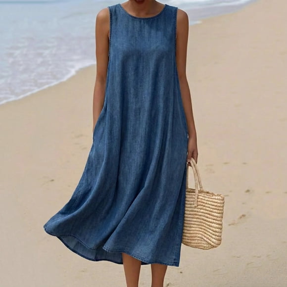 Women's Sleeveless Denim Dress Round Neck Loose Fitting Maxi Sundress Casual Soft Jean Dress with Pockets for Summer Daily Streetwear Blue S