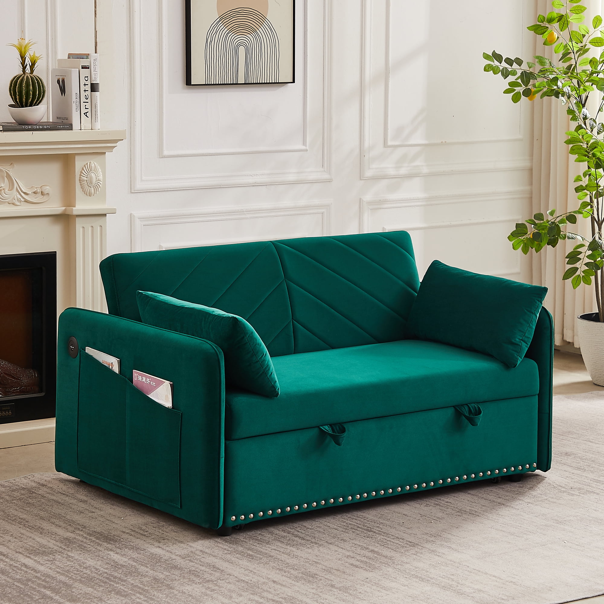 55" Convertible Sleeper Sofa Bed,3 in 1 Convertible Sleeper Loveseat with USB Ports,Modern Velvet Pull Out Sofa Bed with 2 Pillows and Rivet Design for Living Room Furniture,Green