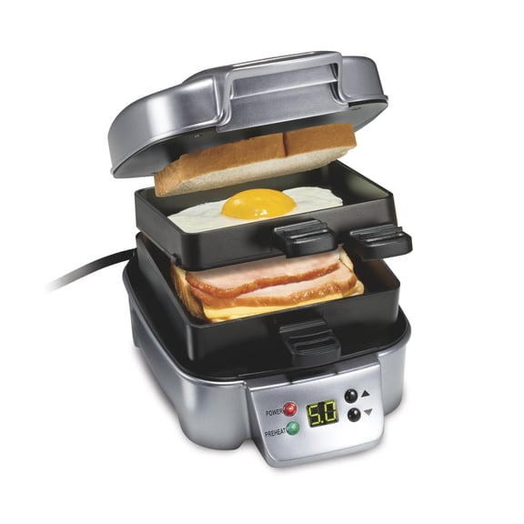 Hamilton Beach Sandwich Stacker Customizable Hot Sandwich Maker, 24 Sq. In. Non-Stick PFAS-Free Cooking Surfaces, Built-In Timer, Compact, Dishwasher-Safe, Perfect White Elephant Gifts, Silver (25471