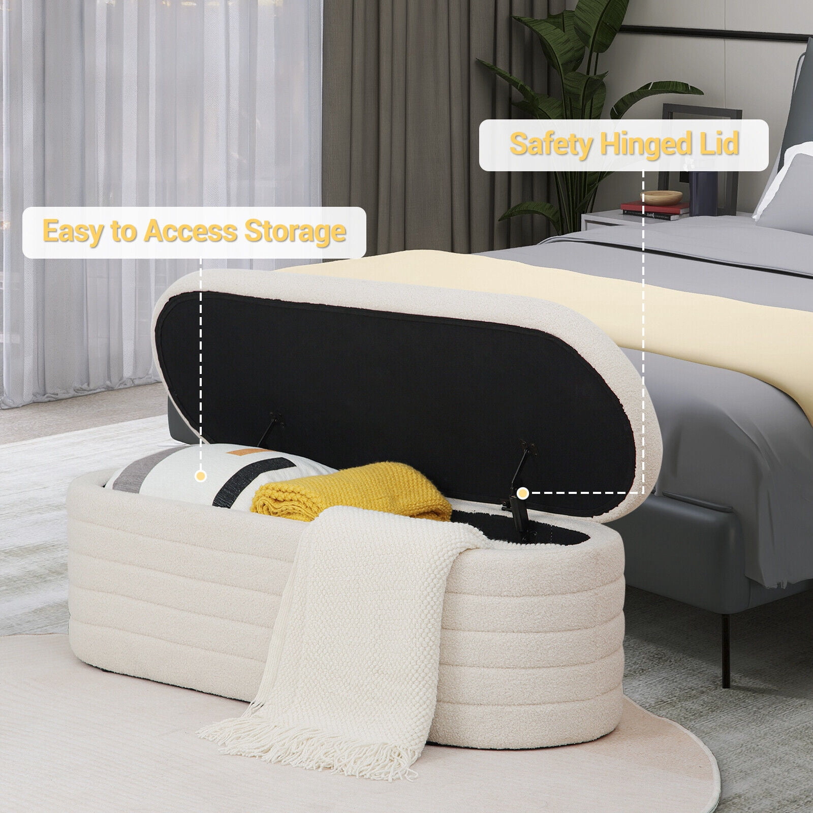 RIDWIND 45.5 inch White Teddy Velvet Storage Ottoman Bench Upholstered Bedroom End of Bed with Safety Hinge for Bedroom Living Room Entryway Dorm Foot Rest Footstool
