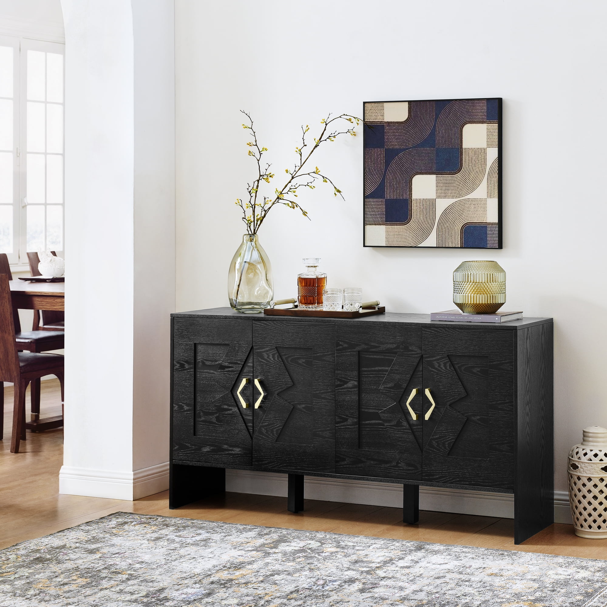60" Sideboard Buffet Cabinet with Storage, TV Media Console, Storage Cabinet with Geometric Pattern & Adjustable Shelves for Kitchen Dining Living Room Entryway Hallway, Black