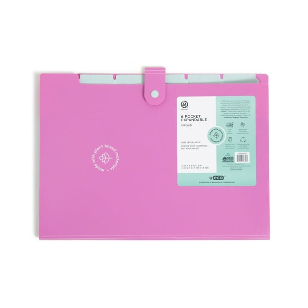 U Brands Eco 6 Pocket Expandable File Folder, Open Top Folder, Pink and