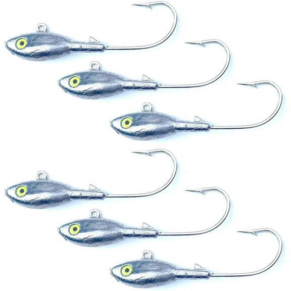 Stellar Silver 1 Ounce Fish Jig Head (6 Pack) with Double Eye Head, Sharp Fishing Hooks for Freshwater and Saltwater