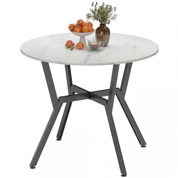 35" Round White Marble Dining Table with Black Steel X-Shaped Legs, Small Space Saving Kitchen Table for 2, Modern Coffee or Work Table for Living Room, Dining Area, or Office