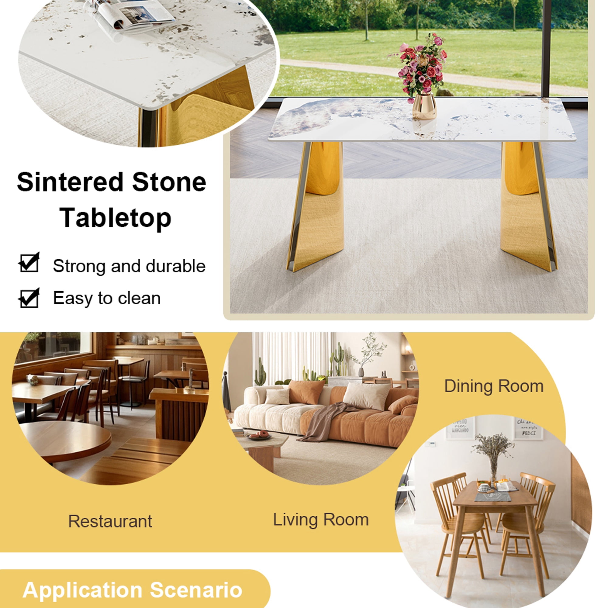 PORKISS Rectangular Dining Table for 4-6 People, Kitchen Table with Pandora Patterned Sintered Stone Top and Golden Stainless Steel Butterfly Legs, Scratch and Heat Resistant, White+Gold #1