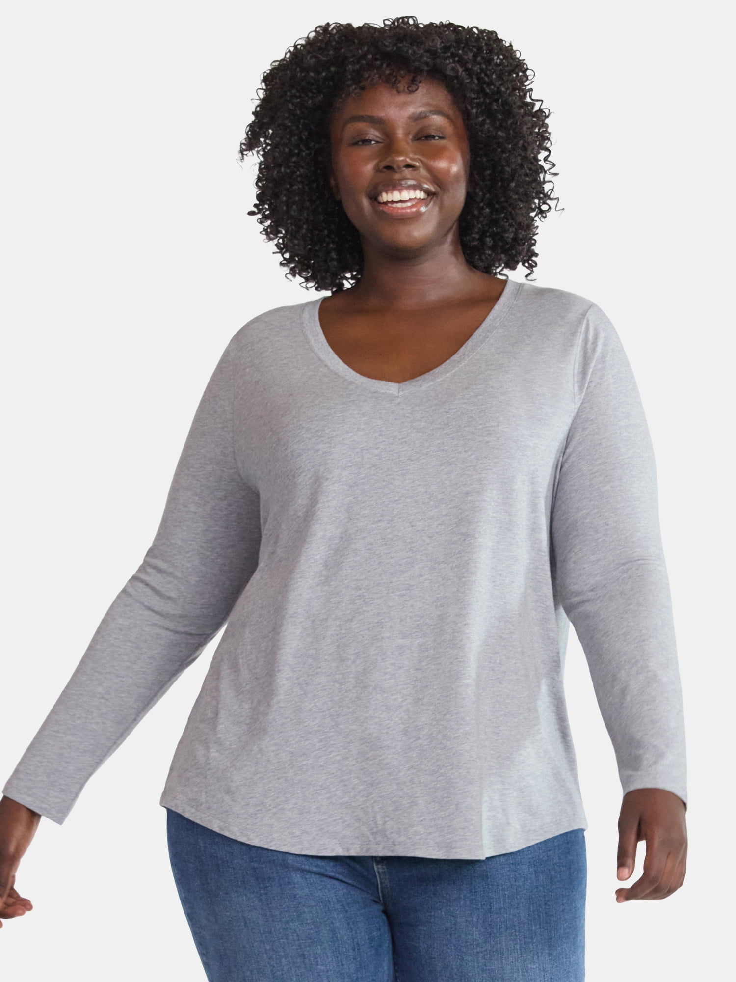 (3 Pack) Terra & Sky Women's Plus Size V-Neck Tee with Long Sleeves, Sizes 0X-5X