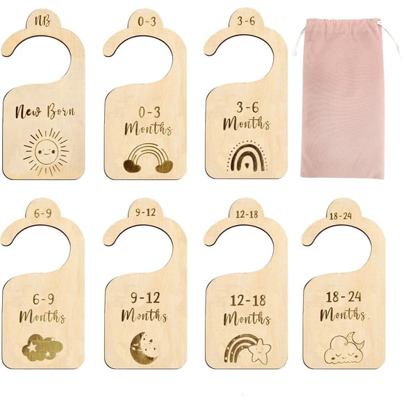 Séparateurs de Garde-Robe pour Bébé, 7 Pcs Séparateurs de Vêtements pour Bébé en Bois Séparateurs de Garde-Robe pour Bébé de Nouveau-Né à 24 Mois Organisateurs de Garde-Robe pour Bébé Décoration de Cintre de Chambre de Bébé Cadeau de Shower pour Nouveaux Parents (A)