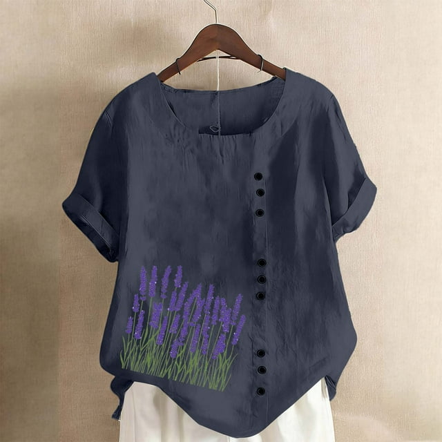 Jacenvly Hauts pour Femmes Liquidation T-Shirt à Manches Courtes Col Rond Printemps et Été Mode Décontractée Imprimé Bouton Hauts et Blouses pour Femmes