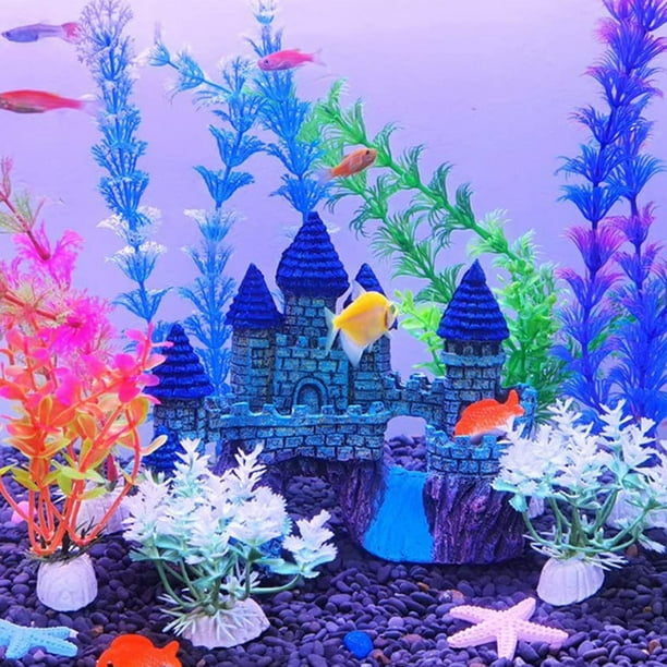 Essen 15Pcs/Set Fish Tank Ornament Castle Starfish Design Landscaping Decor  Accessories Artificial Simulation Water Grass for Aquarium