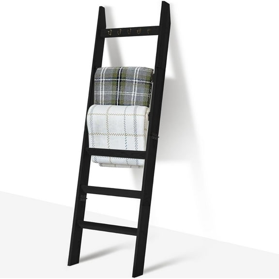 6-Tier Blanket Ladder for Living Room and Bedroom,5.4 Ft Wall Leaning Quilt Rack with Hooks,Rustic Decorative Farmhouse Blanket Storage,Stylish Ladder Holder,Easy to Assemble,Black