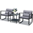 thumbnail image 6 of Barara King 3 Pieces Outdoor Bistro, Wicker Patio Furniture Set Include 2 Rattan Porch Rocking Chairs with Cushions and Coffee Table, for Garden Balcony Backyard Poolside, Gray, 6 of 7