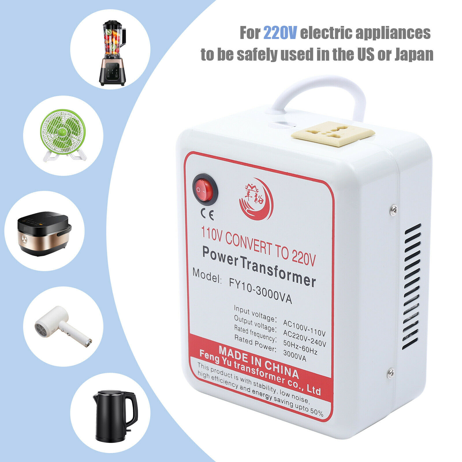 Fichiouy 3000W Transformer Converter from 110V to 220V Step Up Voltage Converter White