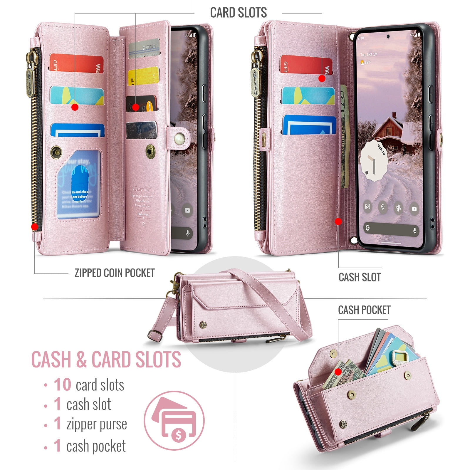 for Google Pixel 7a Full Body Protection Wallet Folio Flip Case, Shoulder Strap & Wristlet Card Slots Zipper Pocket RFID Blocking Rugged Durable PU Leather Phone Case Cover, Pink