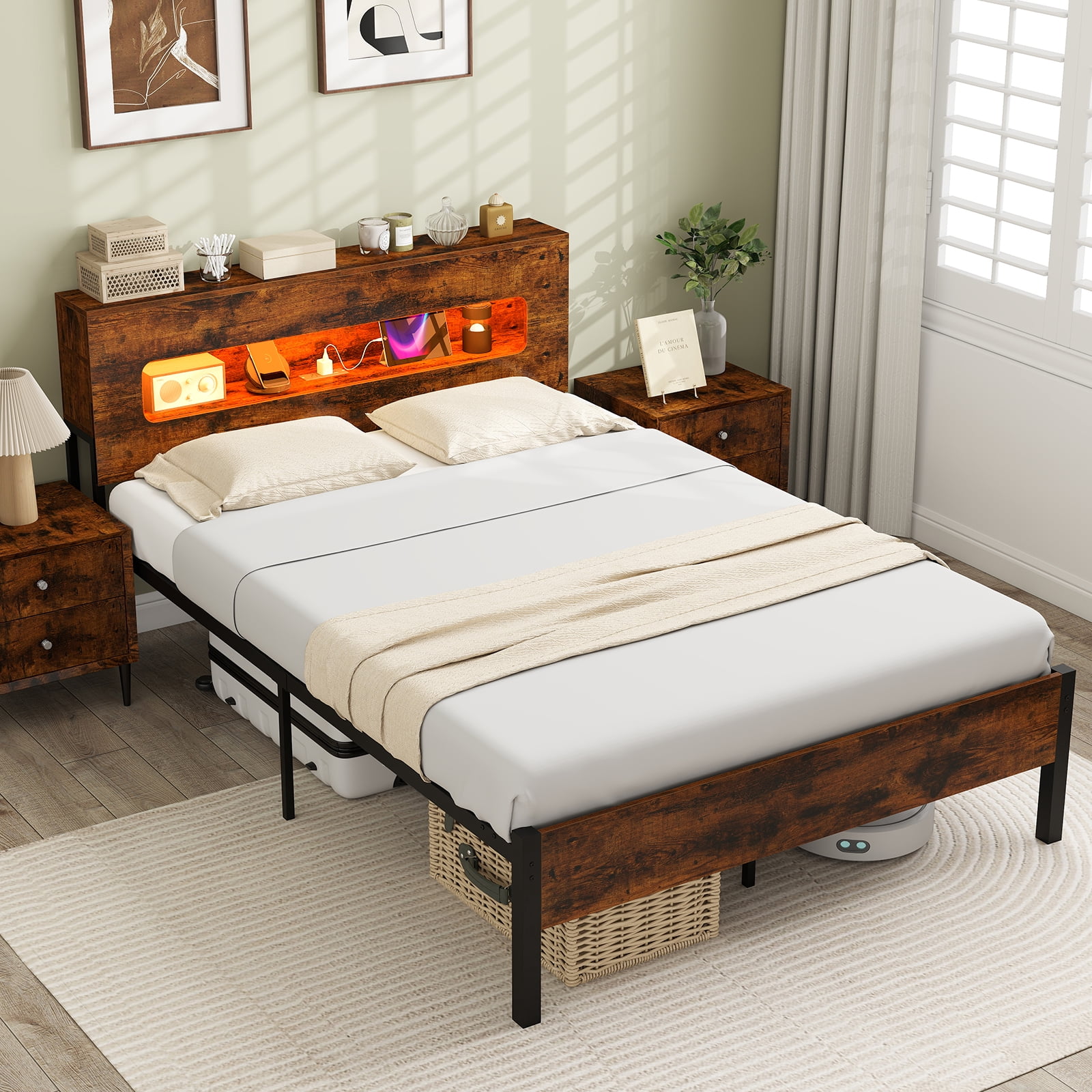 Furnibear Full Size Bed Frame, Slatted Platform Bed Frame with LED Lights, Full Bed Frame with Storage Headboard for Bedroom, Rustic Brown and Black