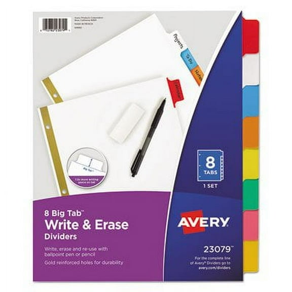 5PK Avery Write and Erase Big Tab Paper Dividers, 8-Tab, 11 x 8.5, White, Assorted Tabs,1 Set (23079)