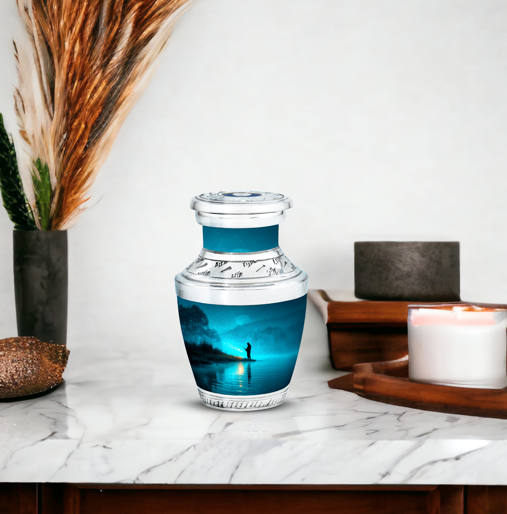 MUKTIVE Fishing Silhouette Keepsake Cremation Urns for Human Ashes - Blue, Evening Small Burial Urn for Adult Human Ashes - Decorative Cremation Containers - Remembrance Gift for Loss of Mom (3 Inch)