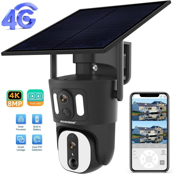 BOAVISION 4K 4G LTE Cellular Security Camera Outdoor, Dual-Lens Wide View, No WiFi, Wireless Solar Battery Powered, Spotlight Color Night Vision, Local Storage, 2-Way Talk