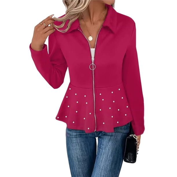 Blazer Elegante con Ribete de Perlas para Mujer, con Cuello Chal, Larga y Abertura Frontal Rosa Roja XL