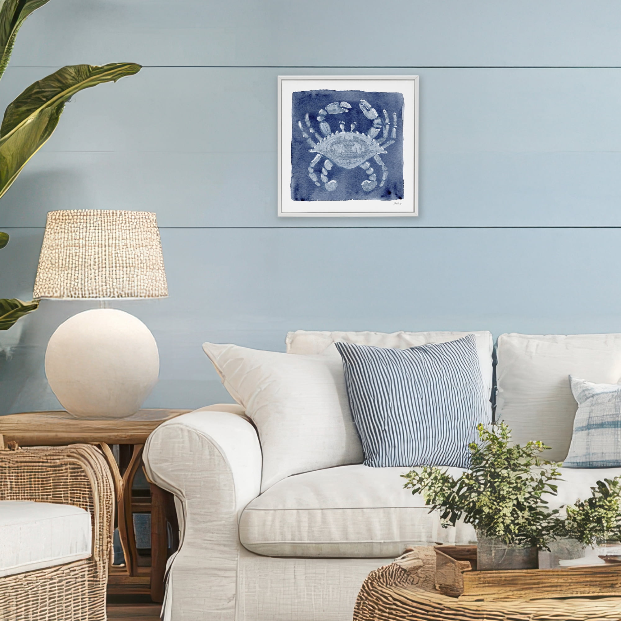 Stupell Industries White Crab on Indigo White Framed Giclee Art, design by Patti Bishop