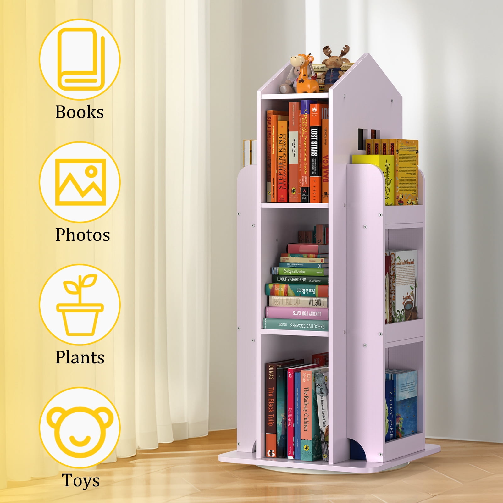 360° Rotating Kids Bookshelf, Pink Engineered Wood House-Shaped Bookcase, 38in Tall Storage Organizer for Bedroom, Playroom, Living Room