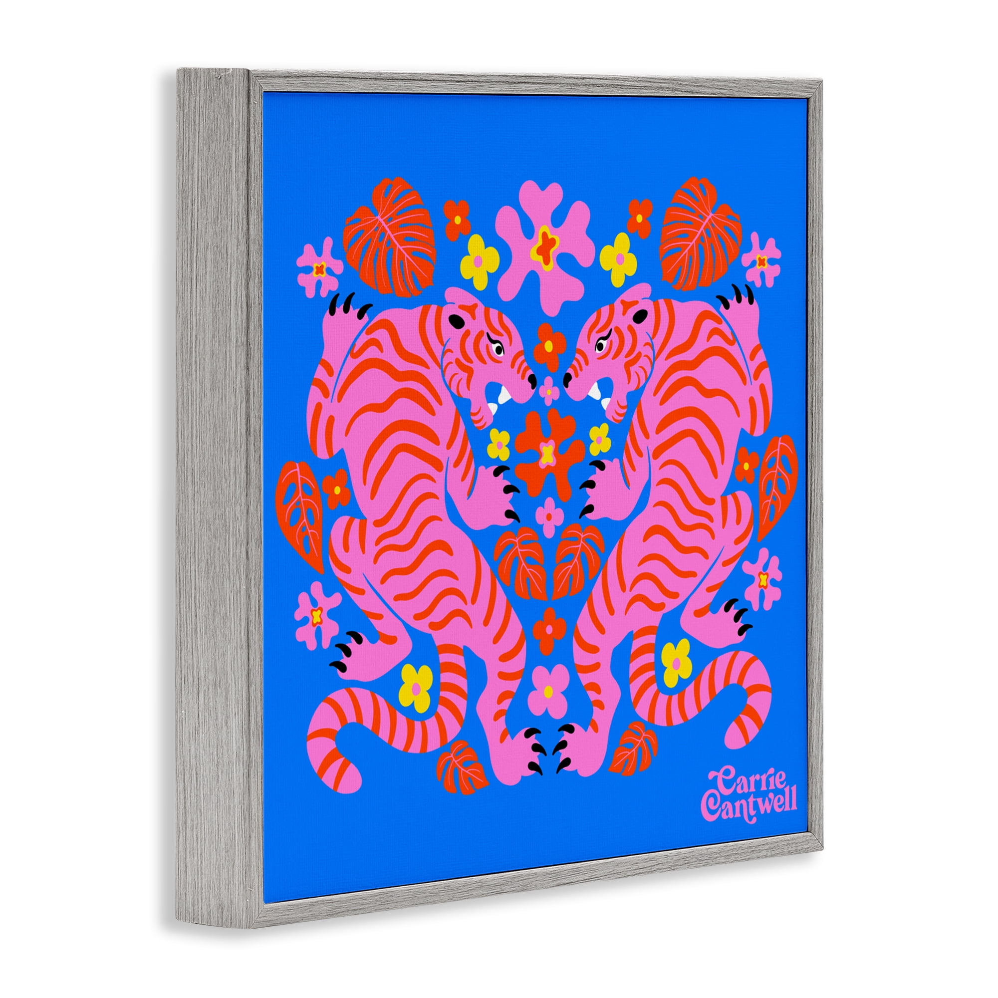 Stupell Industries Pink Tigers and Monstera Gray Framed Giclee Art, design by Carrie Cantwell